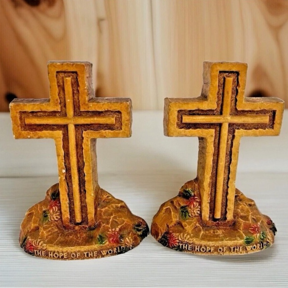 Cross Bookends OOAK Boho Rustic Cottage Jesus Religious Hope Of The World  Vtg